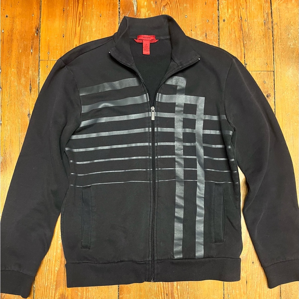 Alfani Men’s Medium Zip-Up Jacket - Modern Black & Gray Graphic Track Jacket